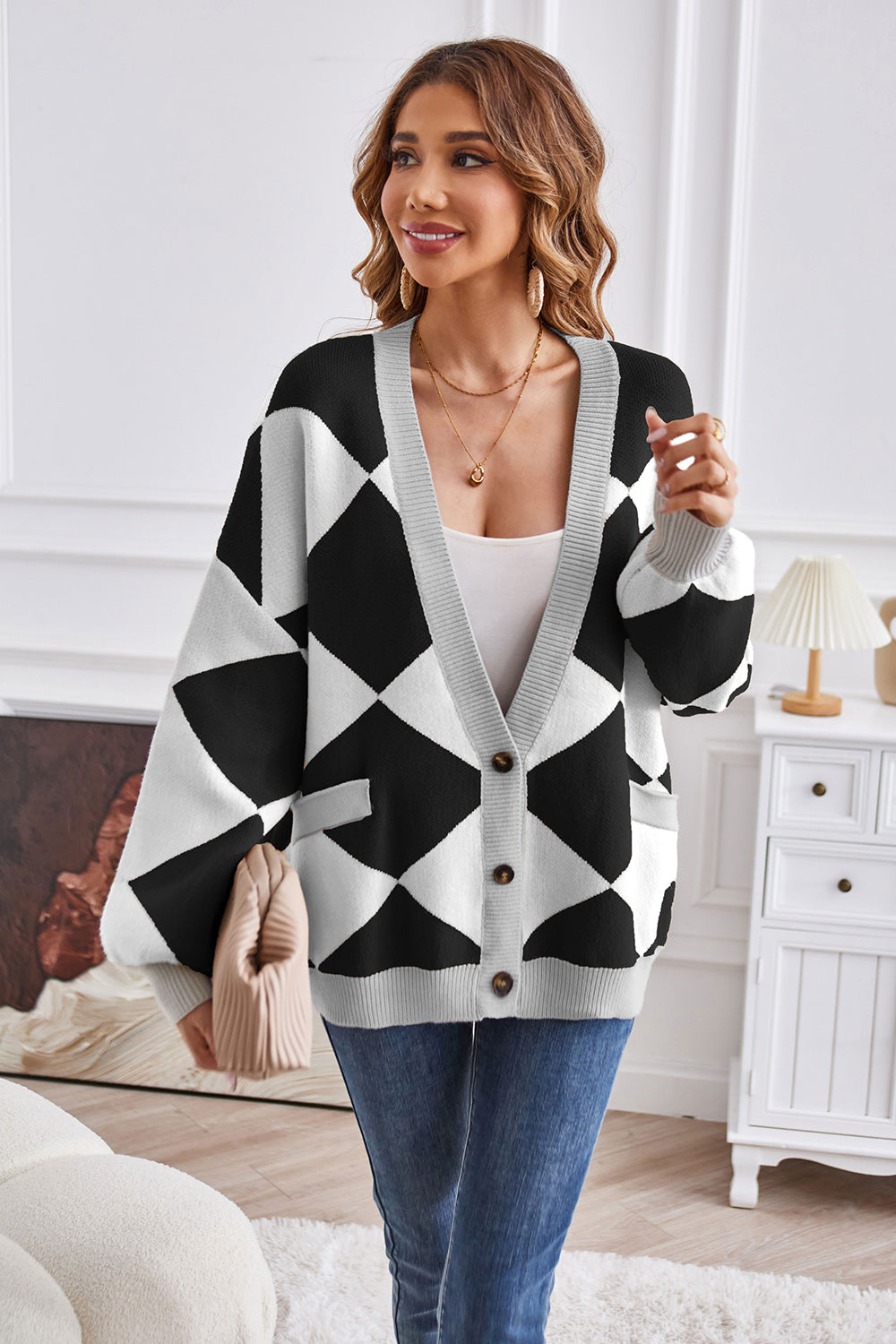 Geometric Lantern Sleeve Cardigan with Pockets Black d85ab8541a914de288a06b0e9da13d20-Max Glownestbest