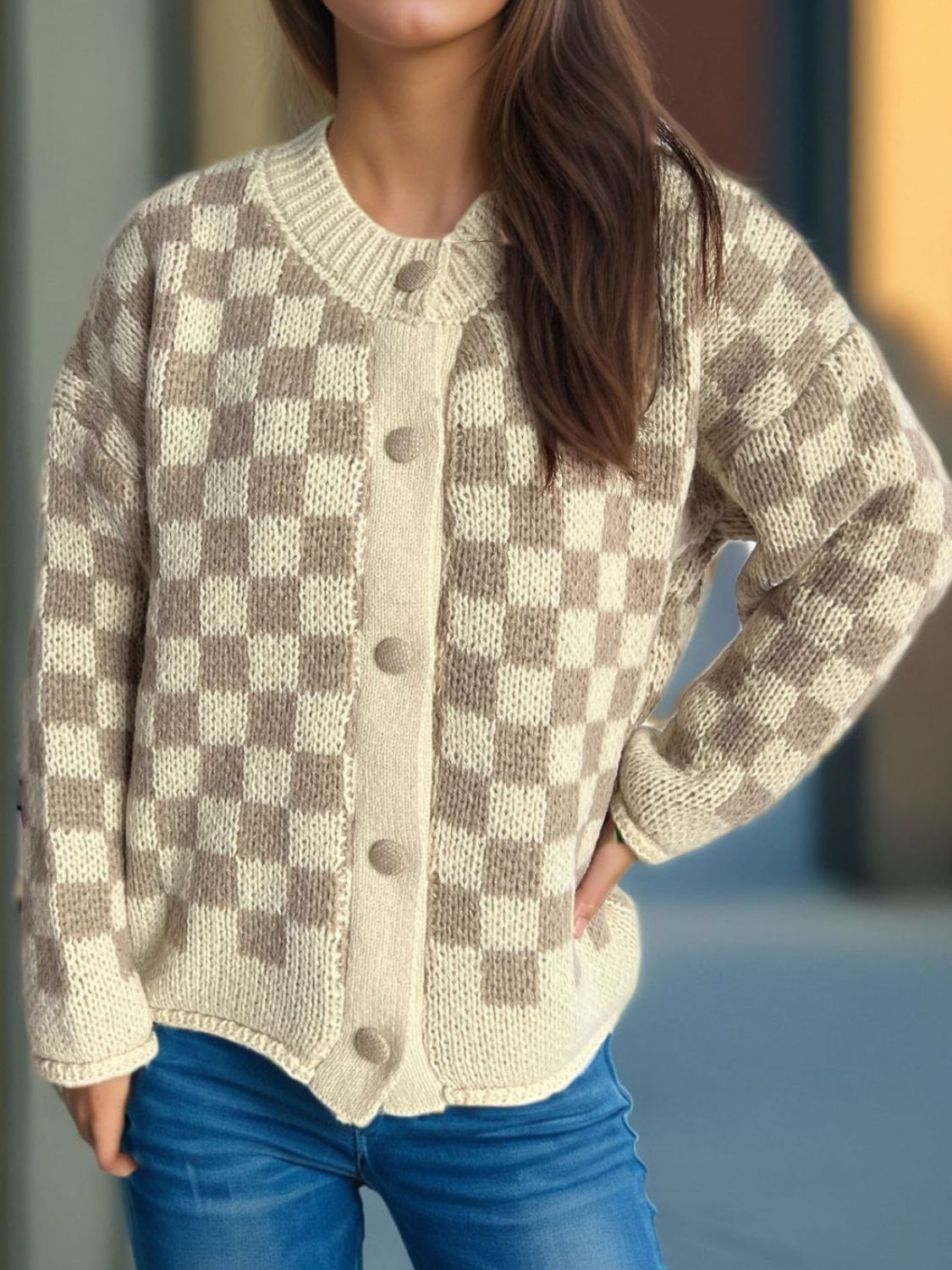 Checkered Button Up Round Neck Cardigan d8a745fe-78b4-41fe-b95a-45fb9f3b4d3a-Max Glownestbest