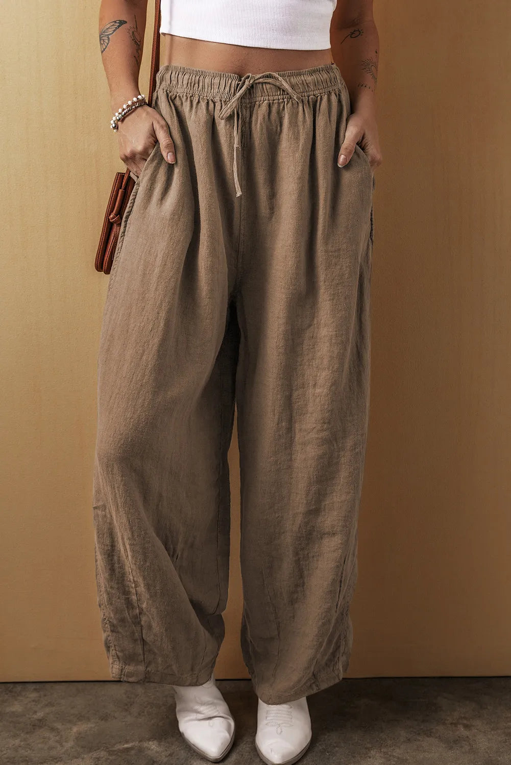 Drawstring Wide Leg Pants Taupe d8dad916-d359-4529-b6e6-5d66fd563904-Max Trendsi