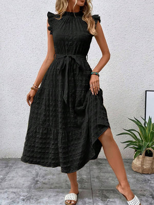 Tied Ruffled Cap Sleeve Midi Dress d8e38e1e-fbb0-4c01-9d89-4530719296fd-Max Trendsi