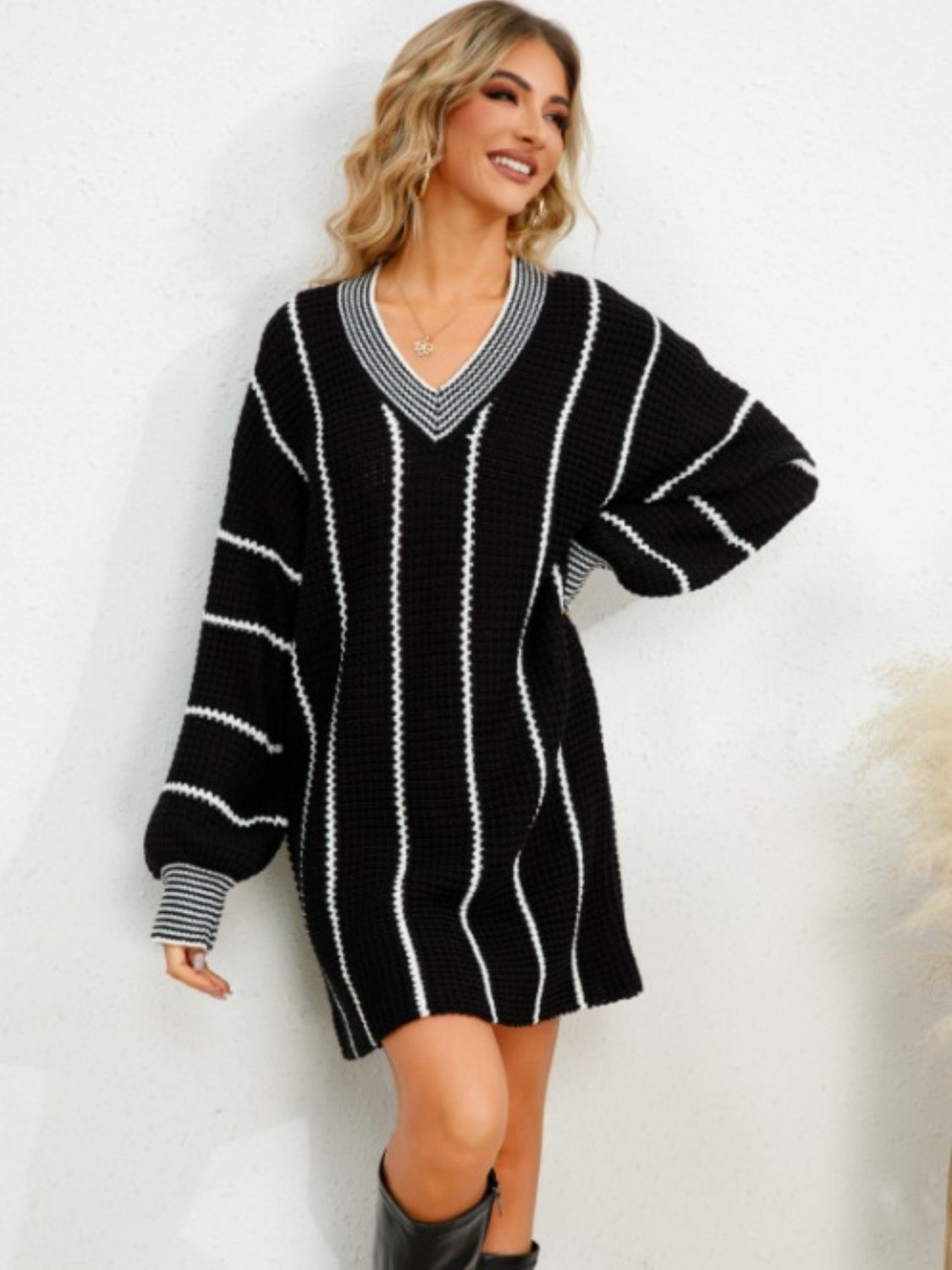 Striped V-Neck Long Sleeve Mini Dress d90a2e47-beae-4257-b977-efc1e85db316-Max Glownestbest
