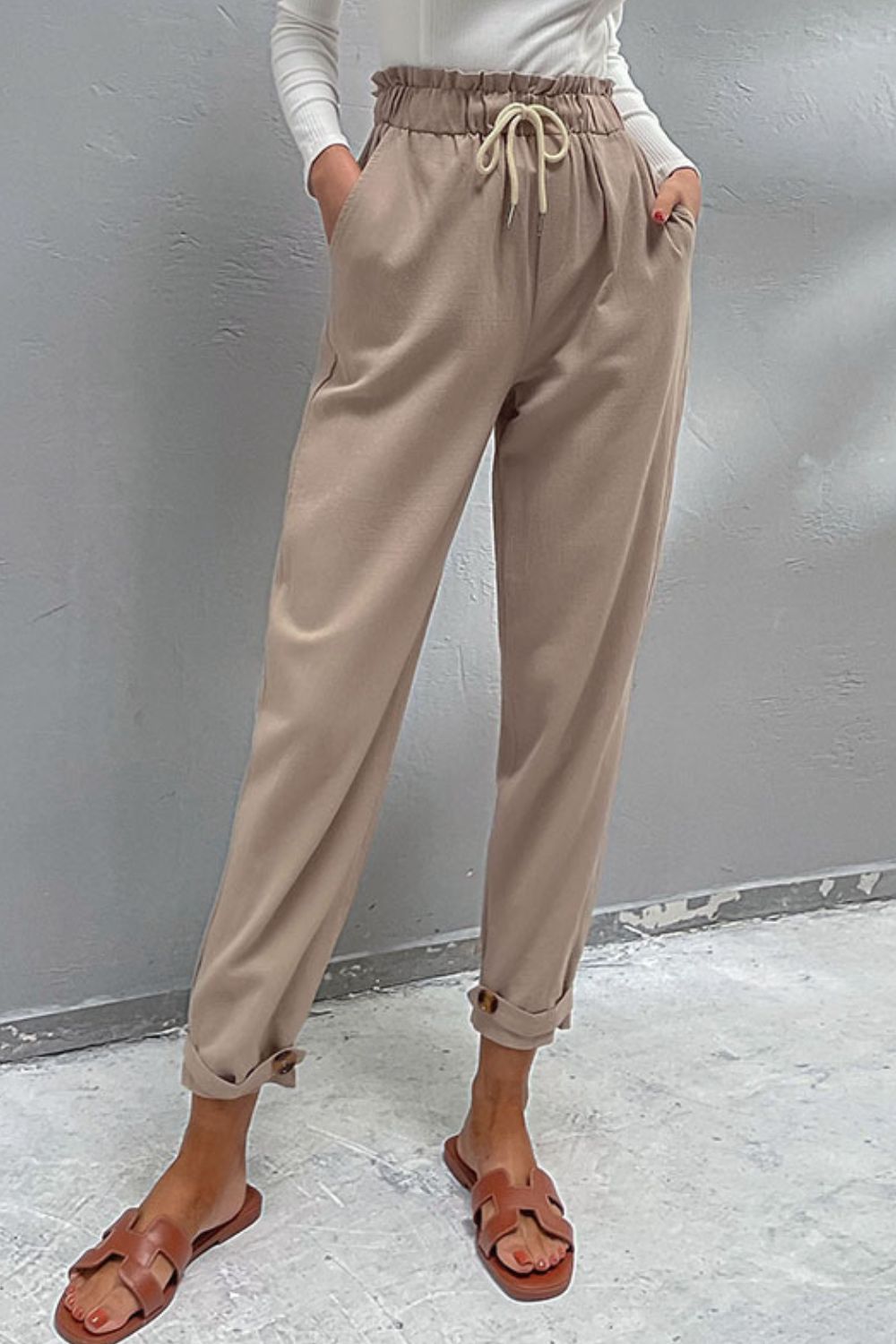 Perfee Drawstring Paperbag Waist Button Detail Pants d91e16a7cf454abda39b0e5cdc73a308-Max Trendsi