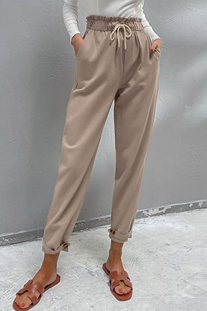 Perfee Drawstring Paperbag Waist Button Detail Pants d91e16a7cf454abda39b0e5cdc73a308-Max Trendsi