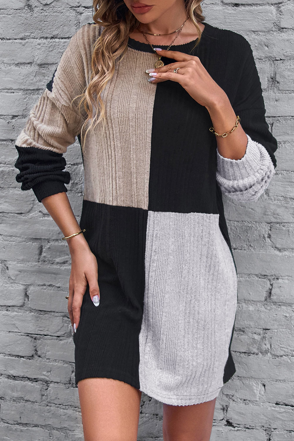 Color Block Drop Shoulder Long Sleeve Mini Dress d9431f08-e34b-45e7-b558-cdd488939c82-Max Glownestbest