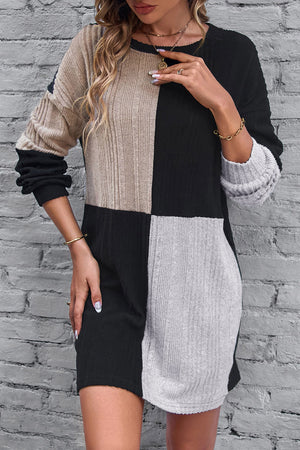 Color Block Drop Shoulder Long Sleeve Mini Dress d9431f08-e34b-45e7-b558-cdd488939c82-Max Glownestbest