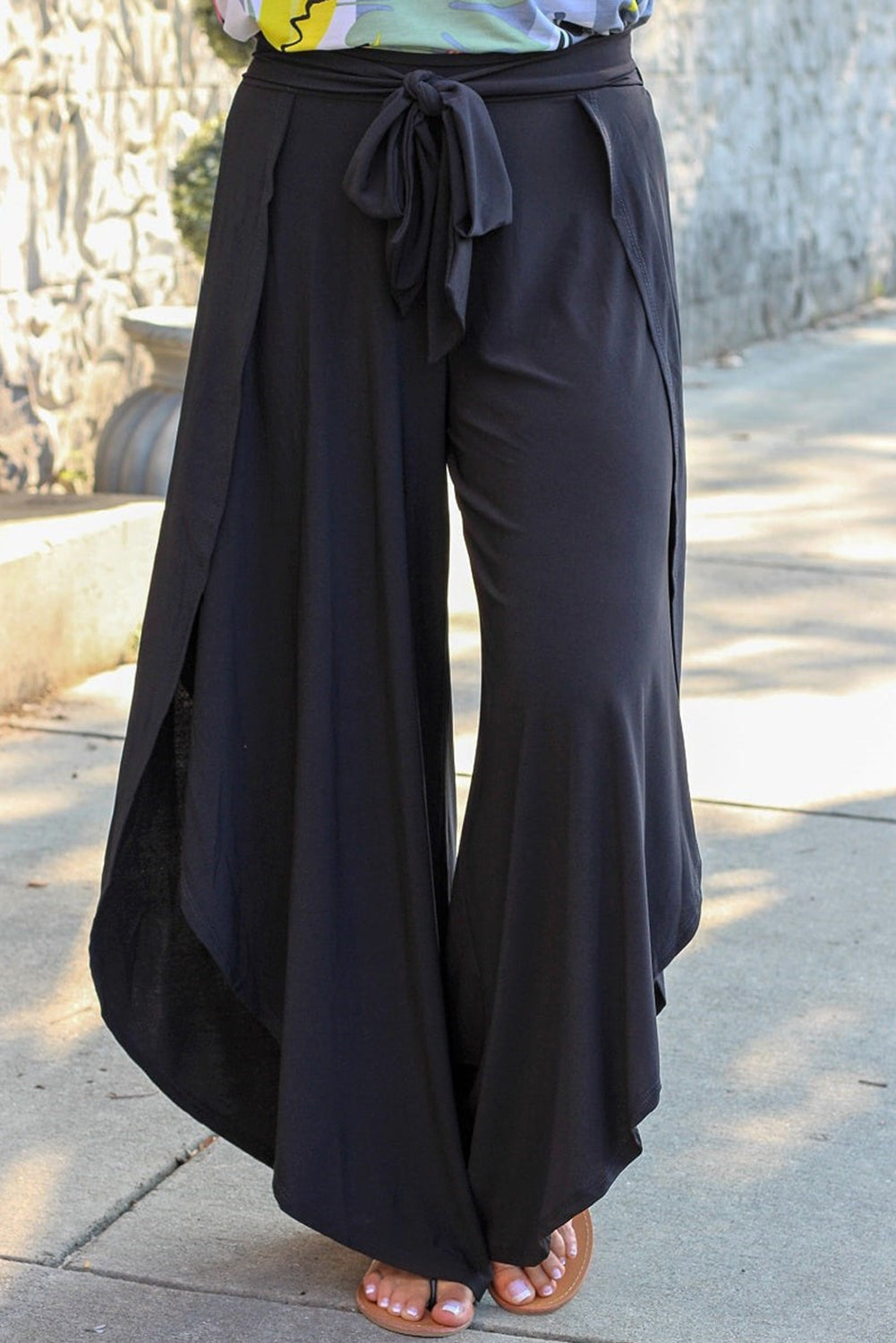 Plus Size Tie Front Wide Leg Pants Black d9dc1aed8661410e9e4cb267c3f04888-Max Trendsi
