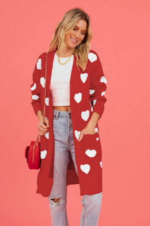 Heart Graphic Open Front Cardigan with Pockets Red da87f229fa2c414698e979a6a0d2c6c4-Max Glownestbest
