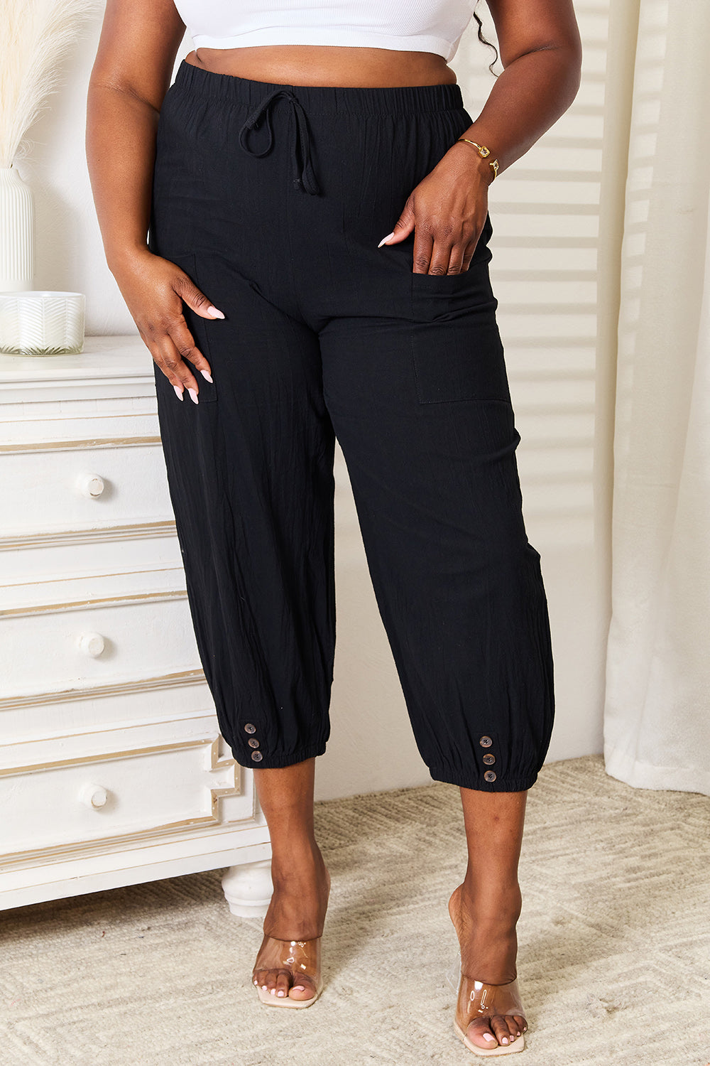 Shiny Decorative Button Cropped Pants Black dabaa265500946f78978c66fd64655cd-Max Trendsi