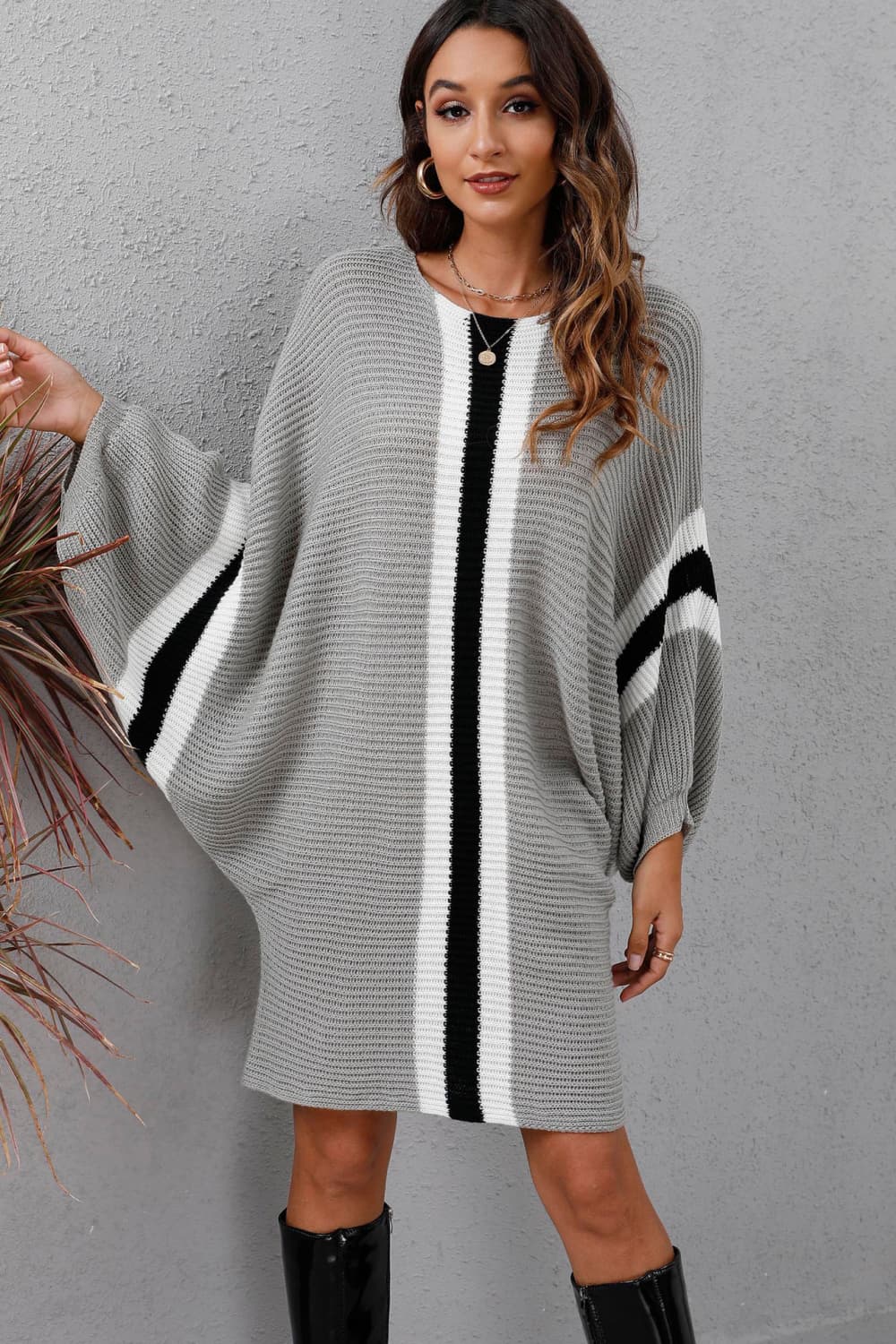 Ribbed Round Neck Long Sleeve Sweater Dress Light Gray db383073b5f54c489b042c7268d8807a-Max Glownestbest