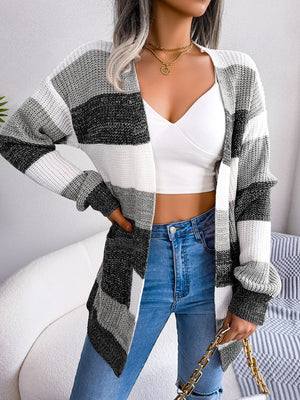 Glownestbest® | Striped Rib-Knit Open Front Longline Cardigan db8c9a1769544400a7396ea89532f72a-Max Glownestbest