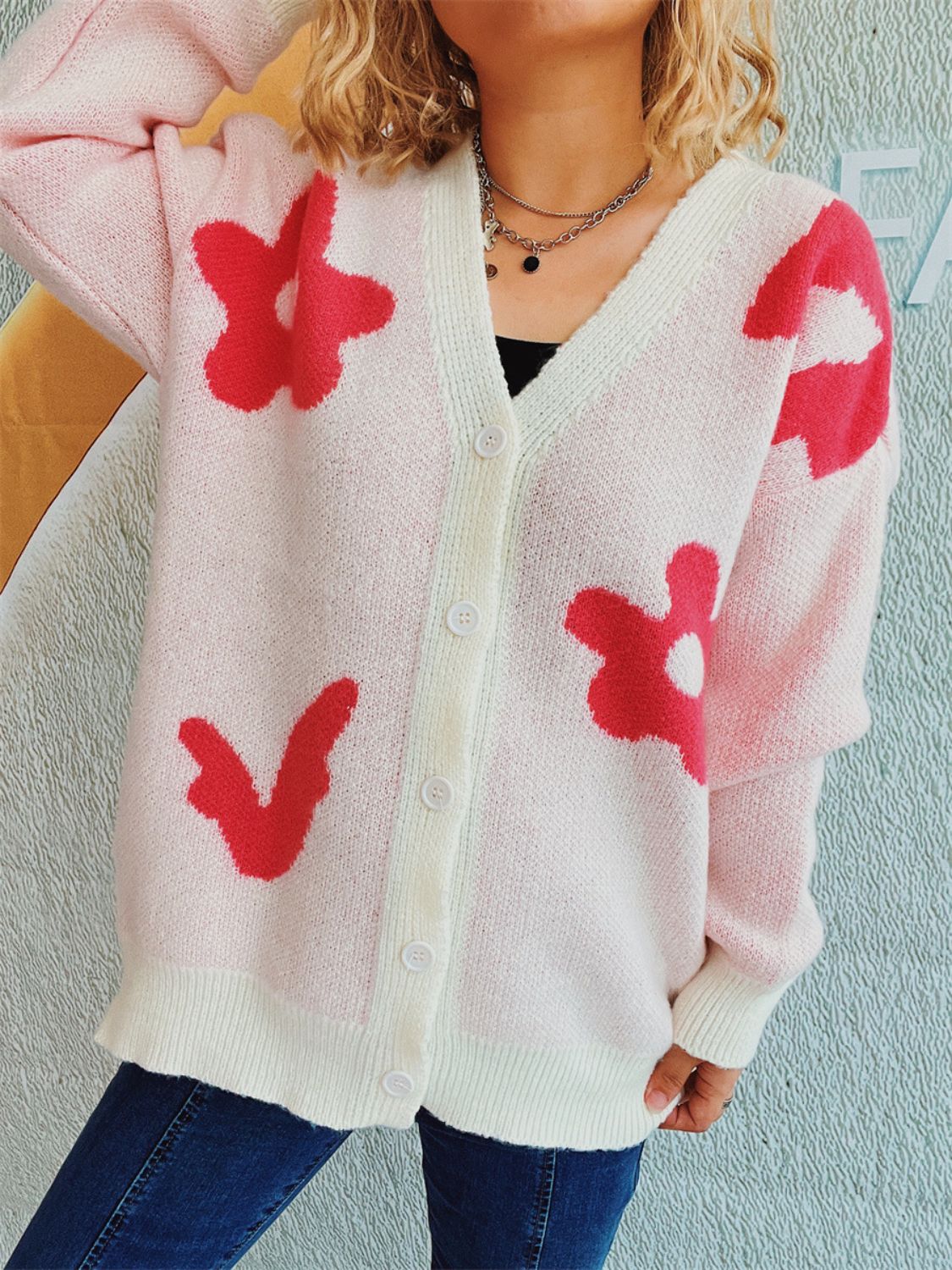 Flower Button Down V-Neck Long Sleeve Cardigan Blush Pink One Size dc0ba3c8-f333-45f2-a774-a890a1f77685-Max Glownestbest