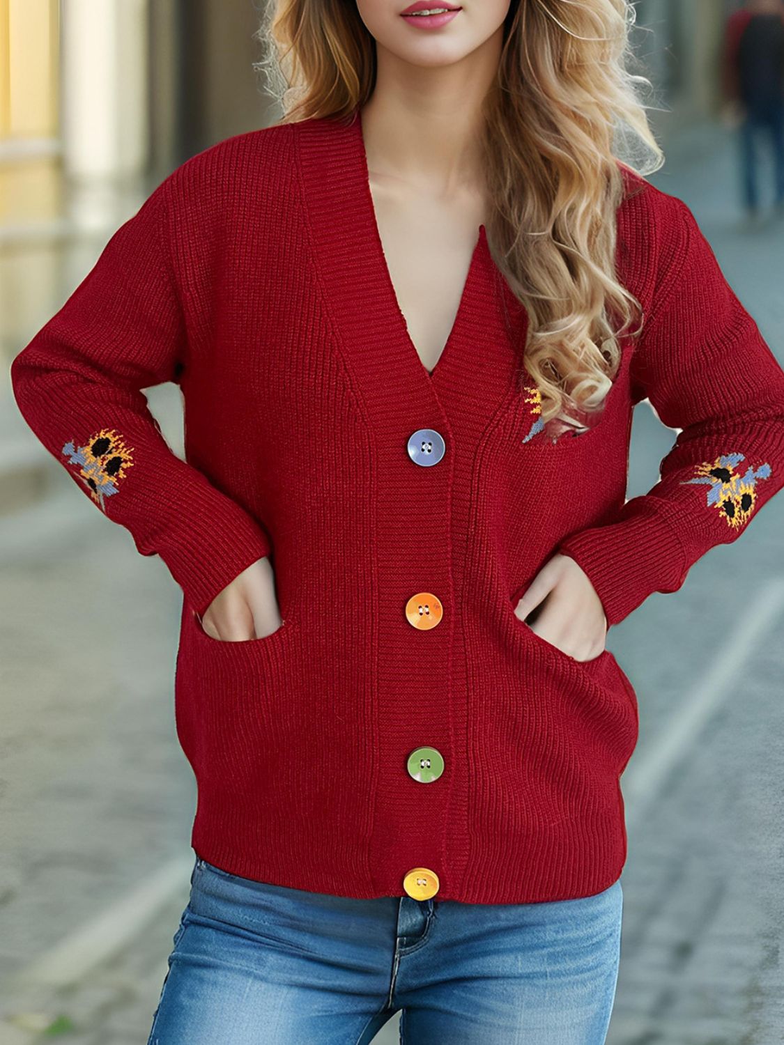 Contrast Button V-Neck Long Sleeve Cardigan Rust One Size dc17ecaf-e837-46f2-a4c6-5f4805a75d8c-Max Glownestbest