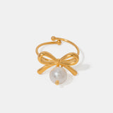 Stainless Steel Pearl Bow Ring Gold One Size dc221b24-5e7c-4134-af97-7f687a0d7353-Max Trendsi