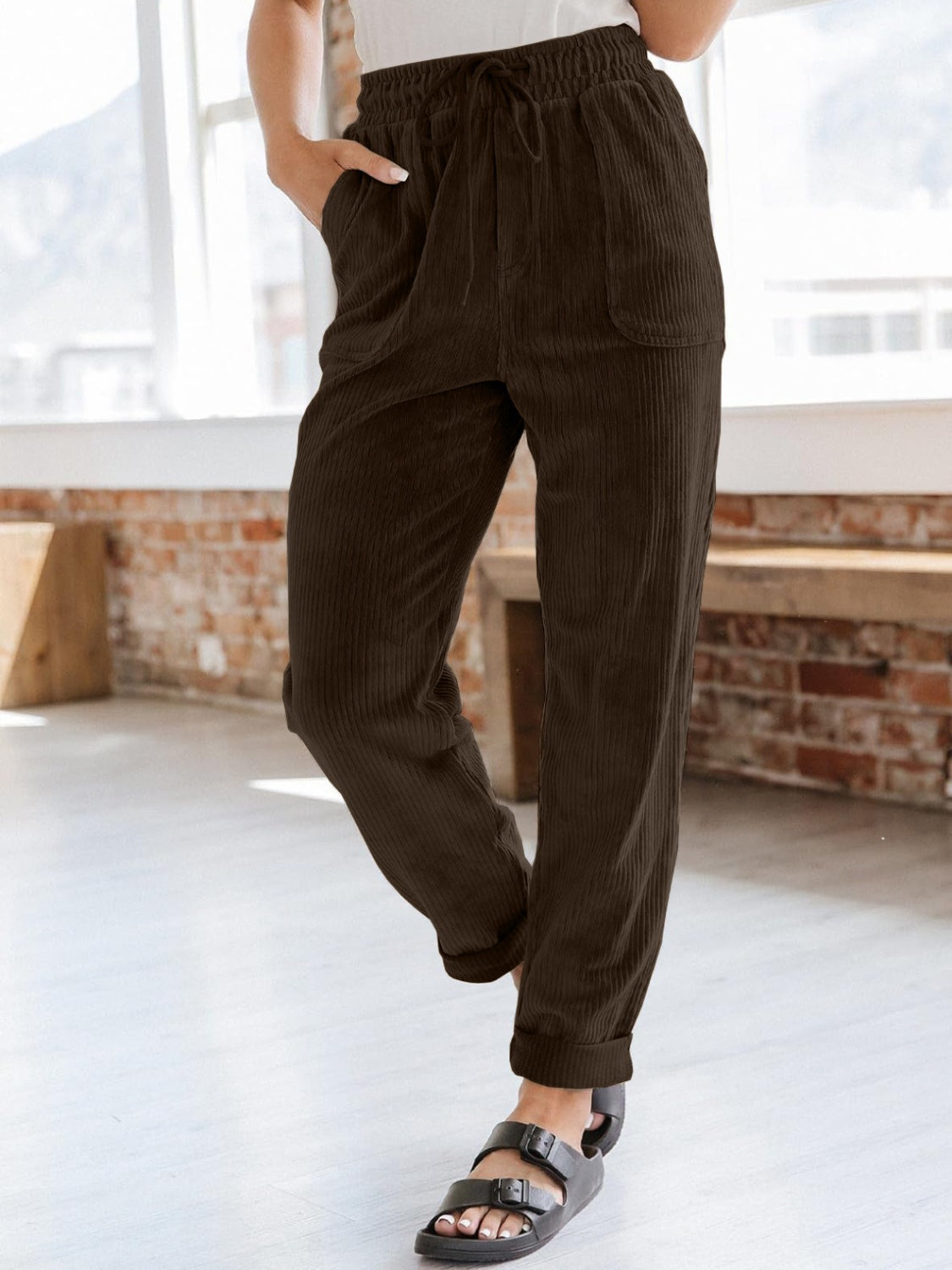 Drawstring Pants with Pockets Chocolate dc4013cb-73f6-4e12-9269-e5f280f94704-Max Trendsi