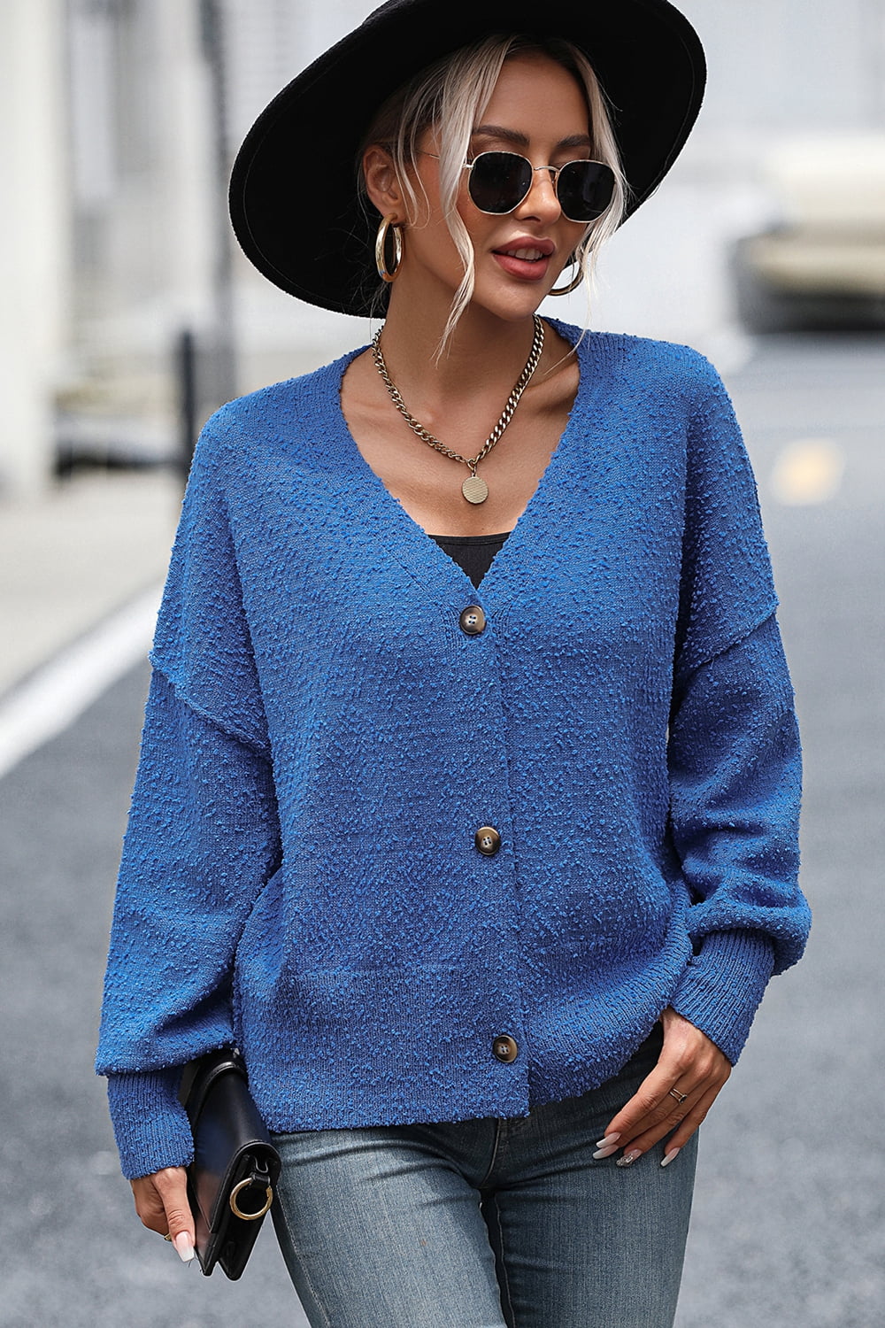 Button-Up Dropped Shoulder Cardigan Blue dc961824f93c4b609611d4d59abc3a63-Max Glownestbest