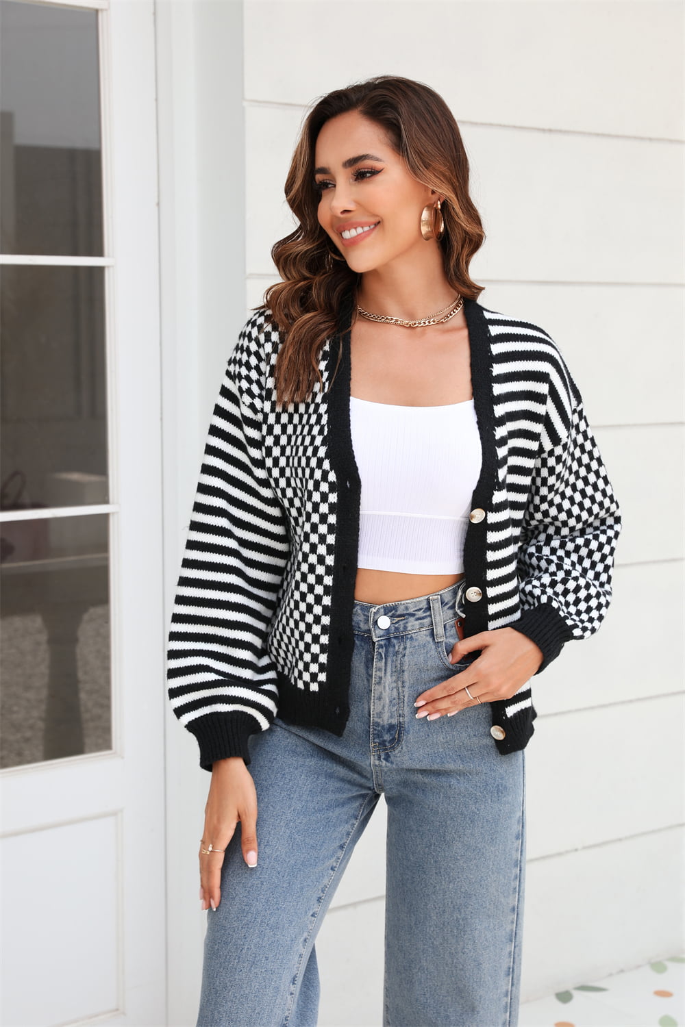 Angel Wings Button-Down Stripe & Plaid Contrast Pattern Cardigan Black dcb5190f03b94ead96bddae2b6b1e722-Max Glownestbest