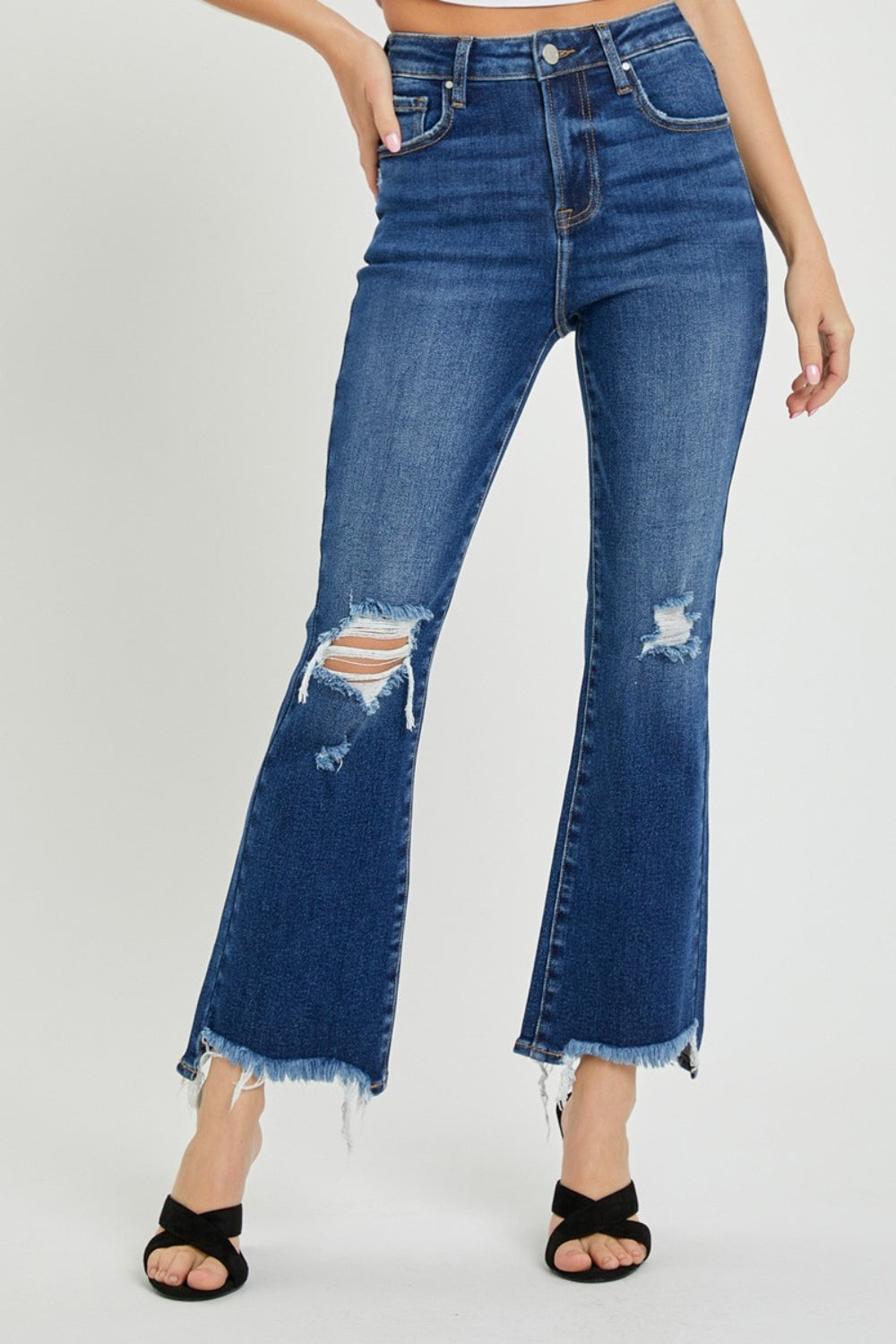 RISEN High Rise Distressed Crop Flare Jeans Dark dcd43c40-513d-4f6c-8ddc-6386b5ef19dc-Max Trendsi