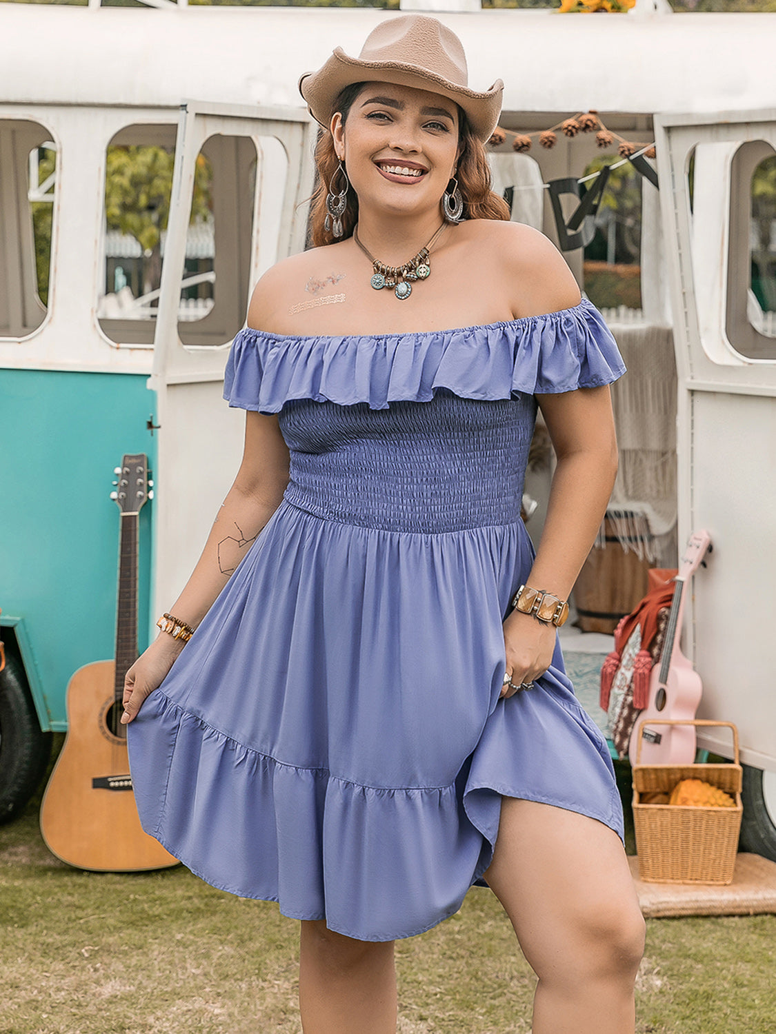 Glownestbest | Ruffled Smocked Off-Shoulder Mini Dress Blue Purple dcf9d25c-73e6-4f6f-a2c8-65011fbf7d66-Max Trendsi