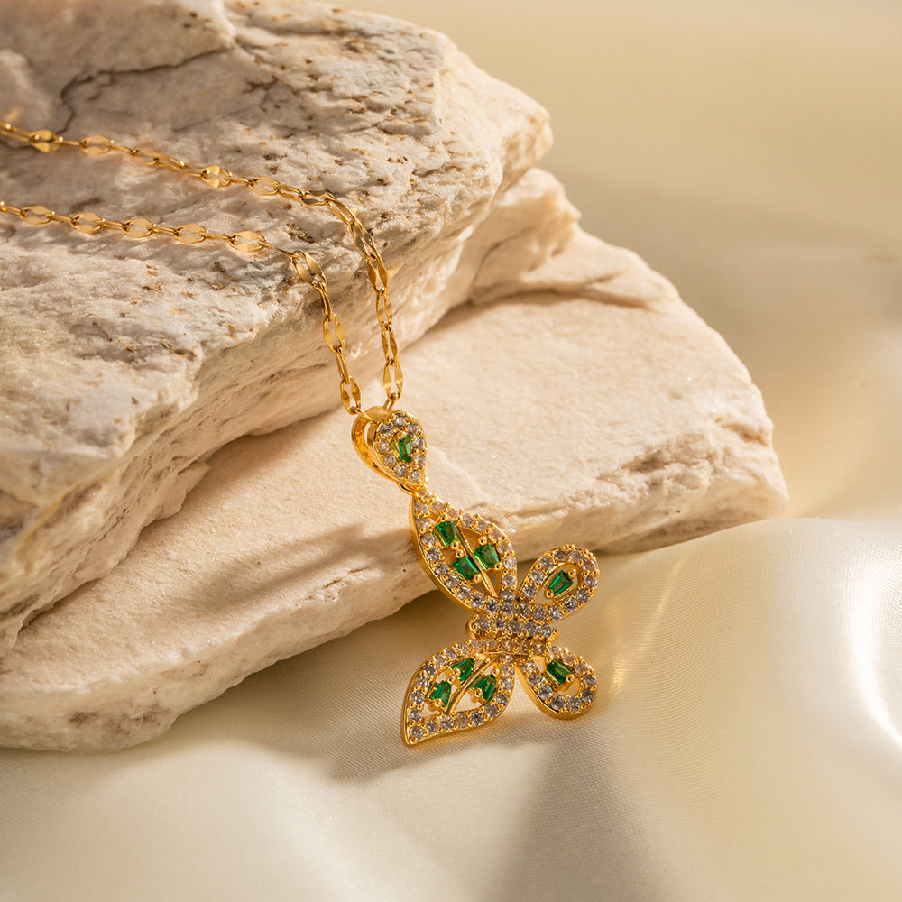 18K Gold Exquisite Dazzling Inlaid White Green Zircon Hollow Butterfly Design Pendant Necklace dcfa1206-05e3-444c-9112-f4147ab92698 Artshiney