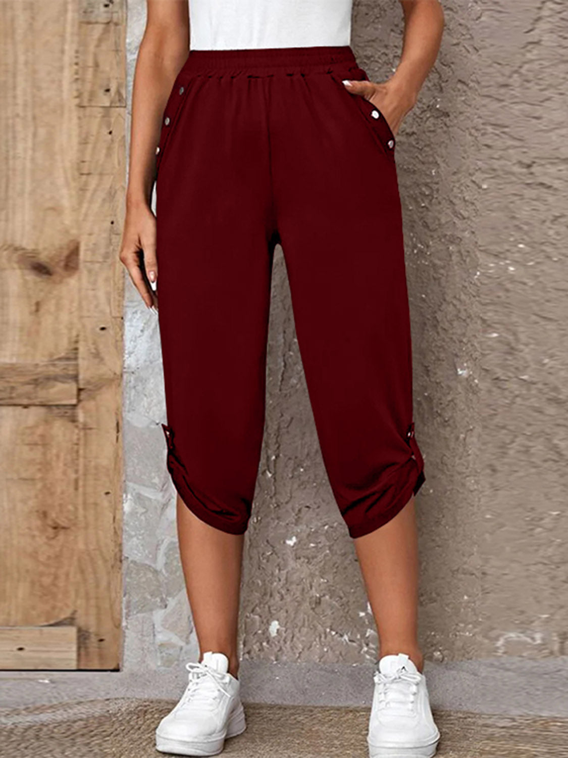 Full Size Roll-Tab Capris Pants Burgundy dd006cf6495b435ab9cb1f4ab74c8ac6-Max Trendsi