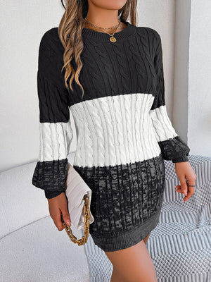 Cable-Knit Round Neck Color Block Sweater Dress dd62fbef-13e0-4004-baa0-d7070f6f2898-Max Glownestbest