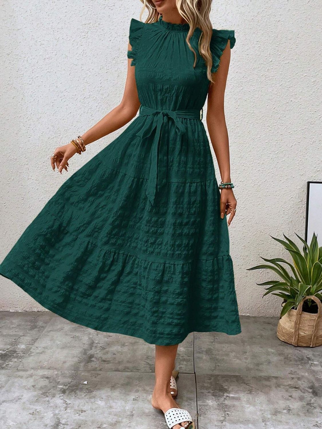 Tied Ruffled Cap Sleeve Midi Dress dd6832bc-ef40-450d-a7df-22b37092037b-Max Trendsi