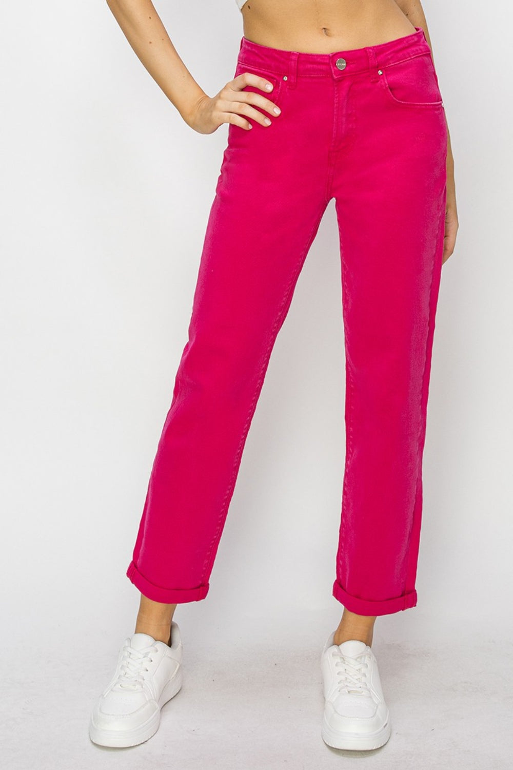 RISEN High Waist Rolled Hem Straight Jeans FUCHSIA dd6cef46-1dcd-4633-9120-e9977d2a2b57-Max Trendsi