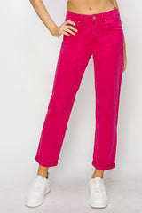 RISEN High Waist Rolled Hem Straight Jeans FUCHSIA dd6cef46-1dcd-4633-9120-e9977d2a2b57-Max Trendsi