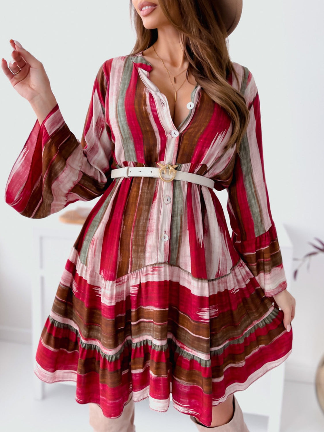 Buttoned Striped Long Sleeve Mini Dress Deep Rose dddb9f3f-a6fb-42d5-b06e-2684034d8964-Max Trendsi