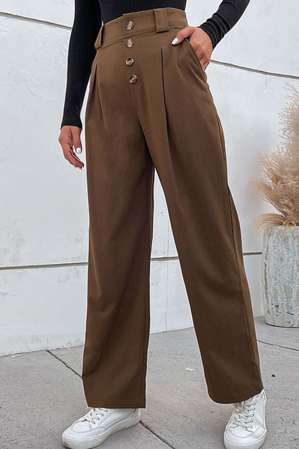 Perfee Button-Fly Pleated Waist Wide Leg Pants with Pockets deaa0c72898b4828846a1f28d395d427-Max Trendsi