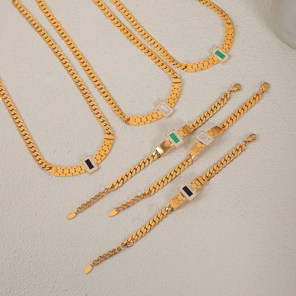 18K gold exquisite light luxury geometric inlaid zircon and gemstone design versatile bracelet necklace set def1493f-5682-48b1-8e84-380d283ab89a Glownestbest