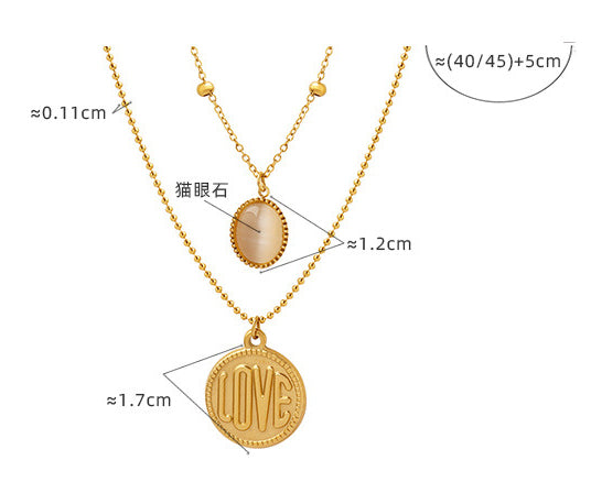 18K Gold Classic Simple LOVE Round Plate with Opal Double Layer Necklace df089676-6a08-4c92-9c23-2ffcbfa07f62 Artshiney