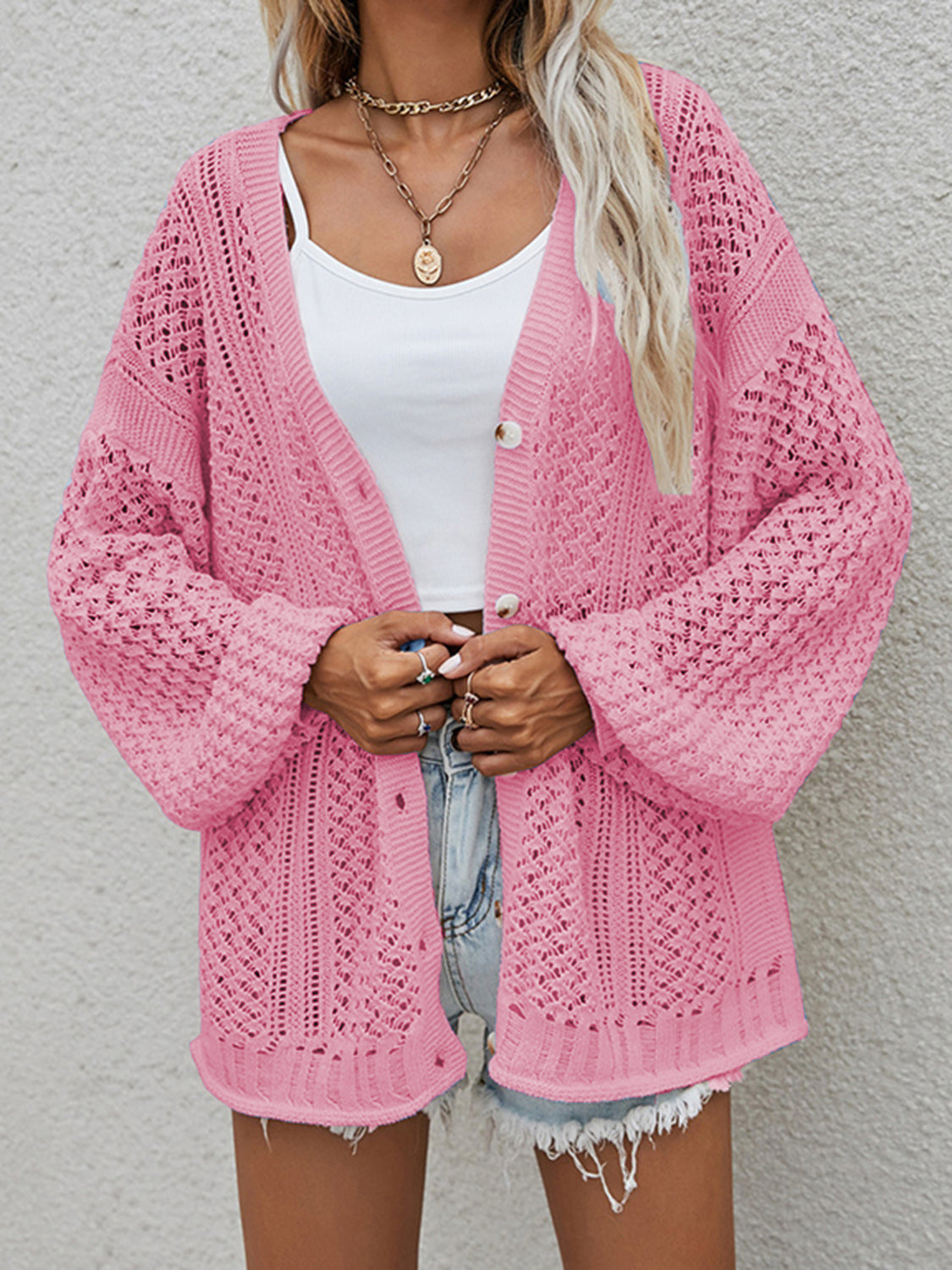 Glownestbest® | Openwork Button Front Cardigan Dusty Pink df375aba48a642938492b0a44550a60a-Max Glownestbest