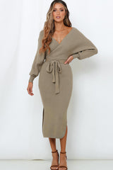 Surplice Neck Bow Waist Slit Sweater Dress Khaki df4fe0d6e65e47cb8de8a3b70c430b77-Max Glownestbest
