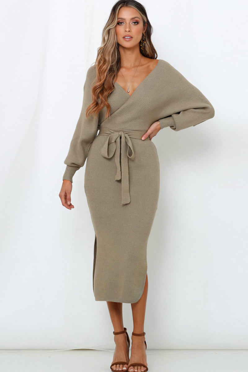 Surplice Neck Bow Waist Slit Sweater Dress Khaki df4fe0d6e65e47cb8de8a3b70c430b77-Max Glownestbest