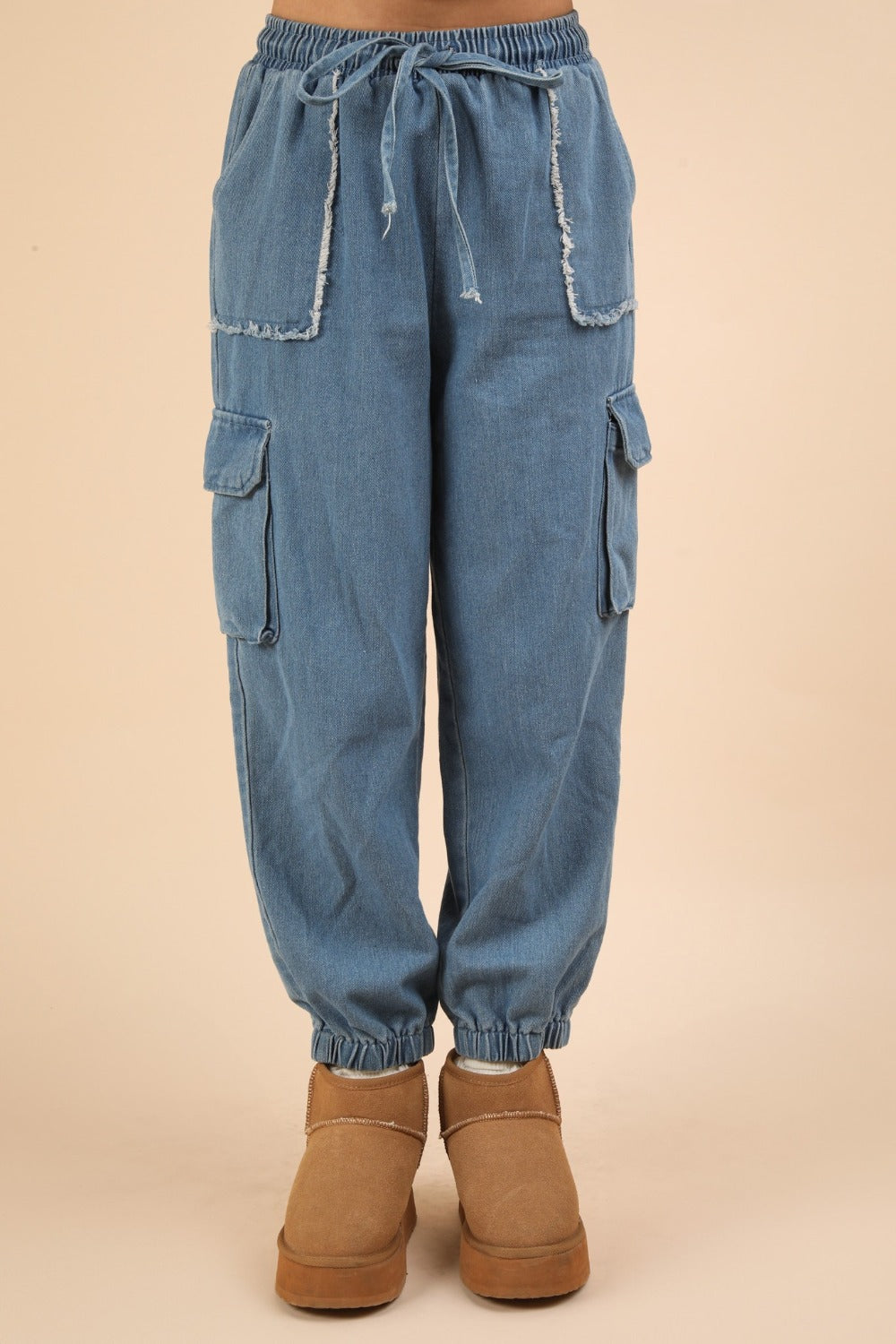 VERY J Washed Drawstring Jogger Cargo Jeans Indigo df7cc171-84b6-41ec-b1d4-51dc257f2545-Max Trendsi