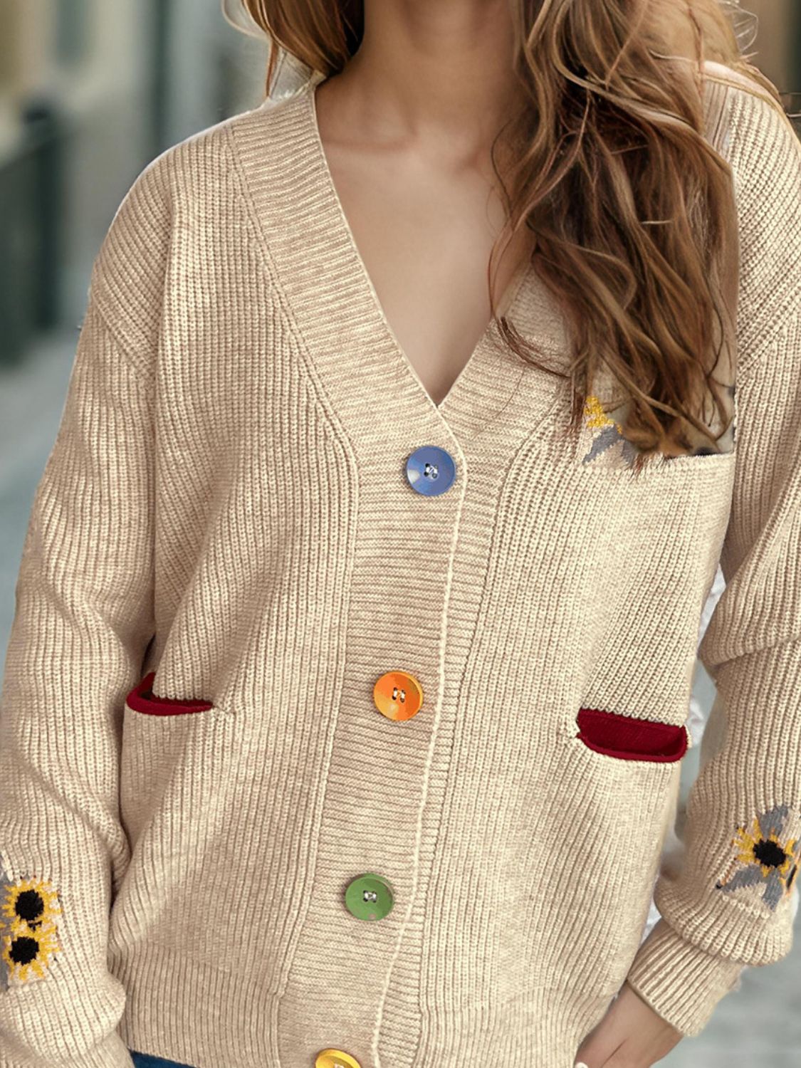 Contrast Button V-Neck Long Sleeve Cardigan df8ad277-79f8-4900-9f17-8cb8c6eaba0e-Max Glownestbest