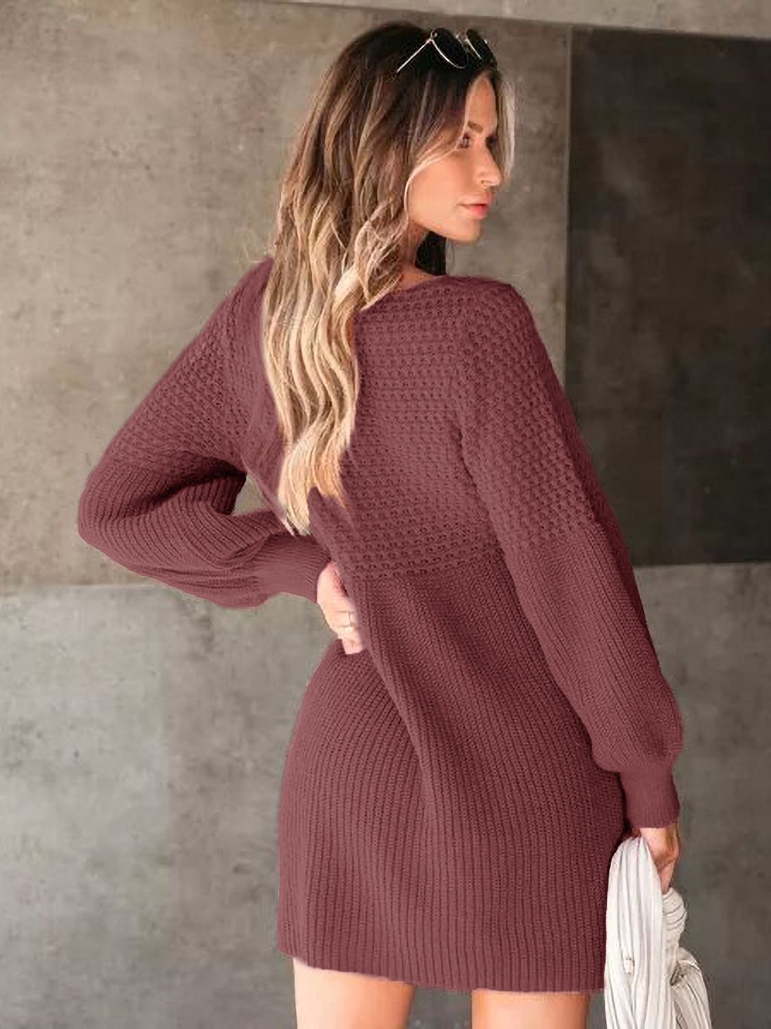 Perfee V-Neck Long Sleeve Sweater Dress df91ebb2-1620-4686-b512-2d21313acd57-Max Glownestbest