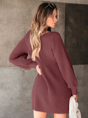 Perfee V-Neck Long Sleeve Sweater Dress df91ebb2-1620-4686-b512-2d21313acd57-Max Glownestbest