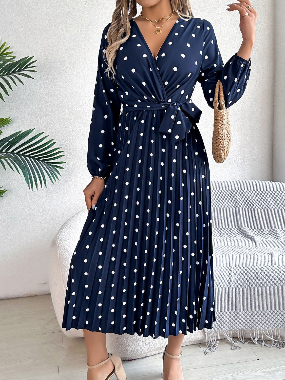 Tied Polka Dot Long Sleeve Midi Dress Navy e0045a33-bb1f-4ed9-ac63-d3798c0a7482-Max Glownestbest