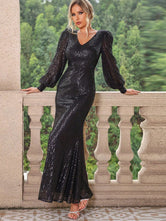 Sequin V-Neck Lantern Sleeve Maxi Dress Black e07284c3-d420-437c-abba-d0d87f536434-Max Glownestbest