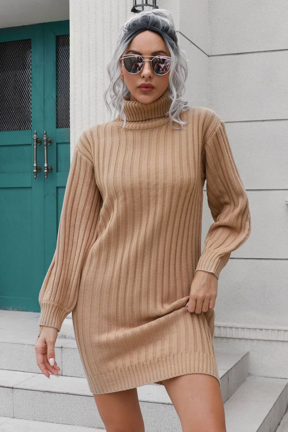 Ribbed Turtle Neck Long Sleeve Mini Sweater Dress e0add6a469c74b35a4504a0bab86022a-Max Glownestbest