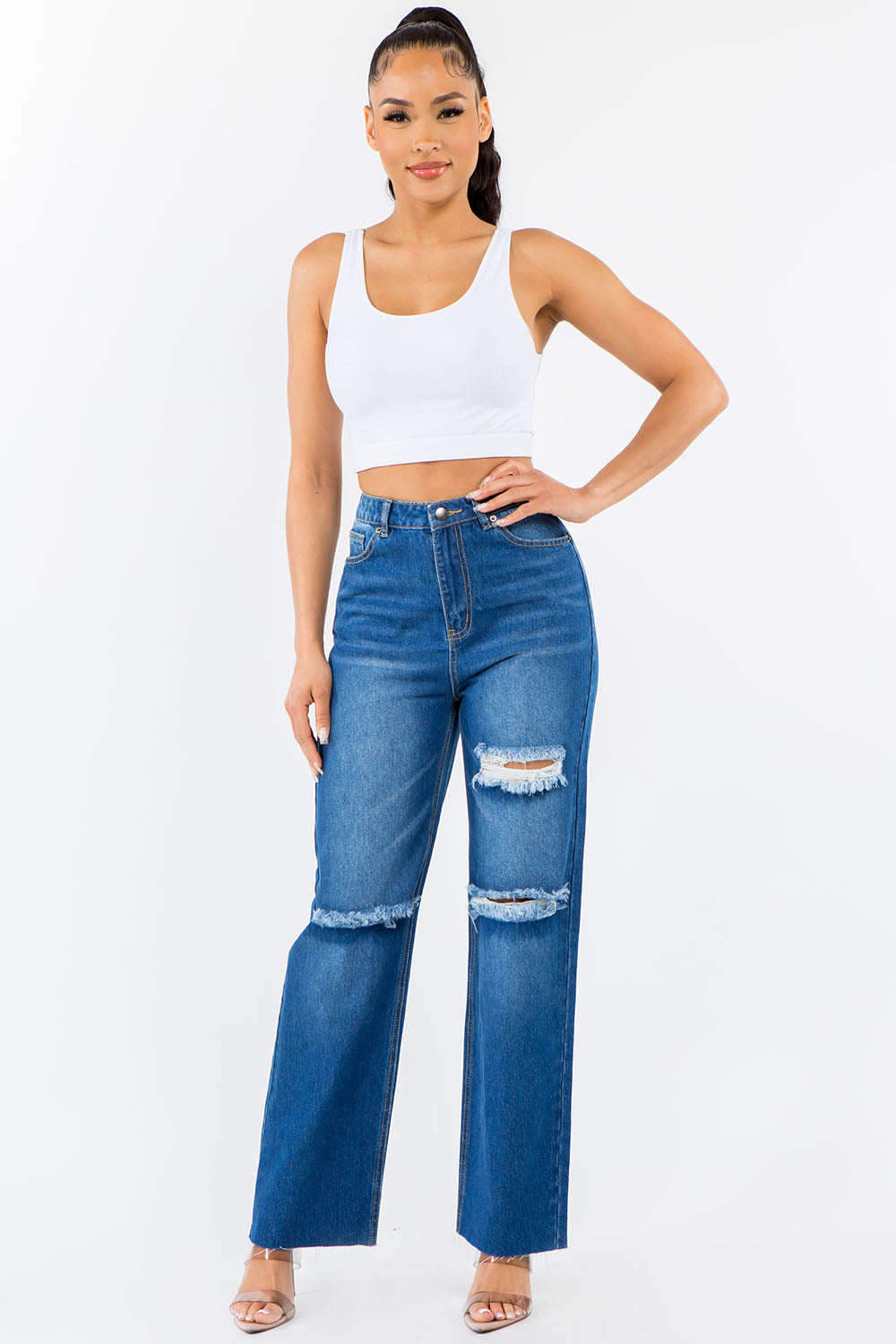 American Bazi High Waist Distressed Wide Leg Jeans e0e7873e-ac5b-4587-893b-5ec2b309de8c-Max Trendsi
