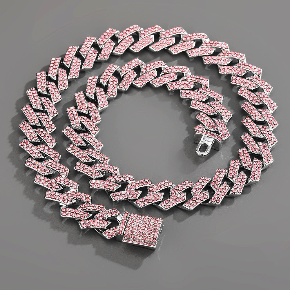 Trendy and fashionable Cuban chain with diamond-shaped design men's hip-hop style necklace and bracelet set Silver + Pink e0eea53a-2c53-4f3c-b349-b4c451d5b84a Artshiney