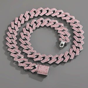 Trendy and fashionable Cuban chain with diamond-shaped design men's hip-hop style necklace and bracelet set Silver + Pink e0eea53a-2c53-4f3c-b349-b4c451d5b84a Artshiney