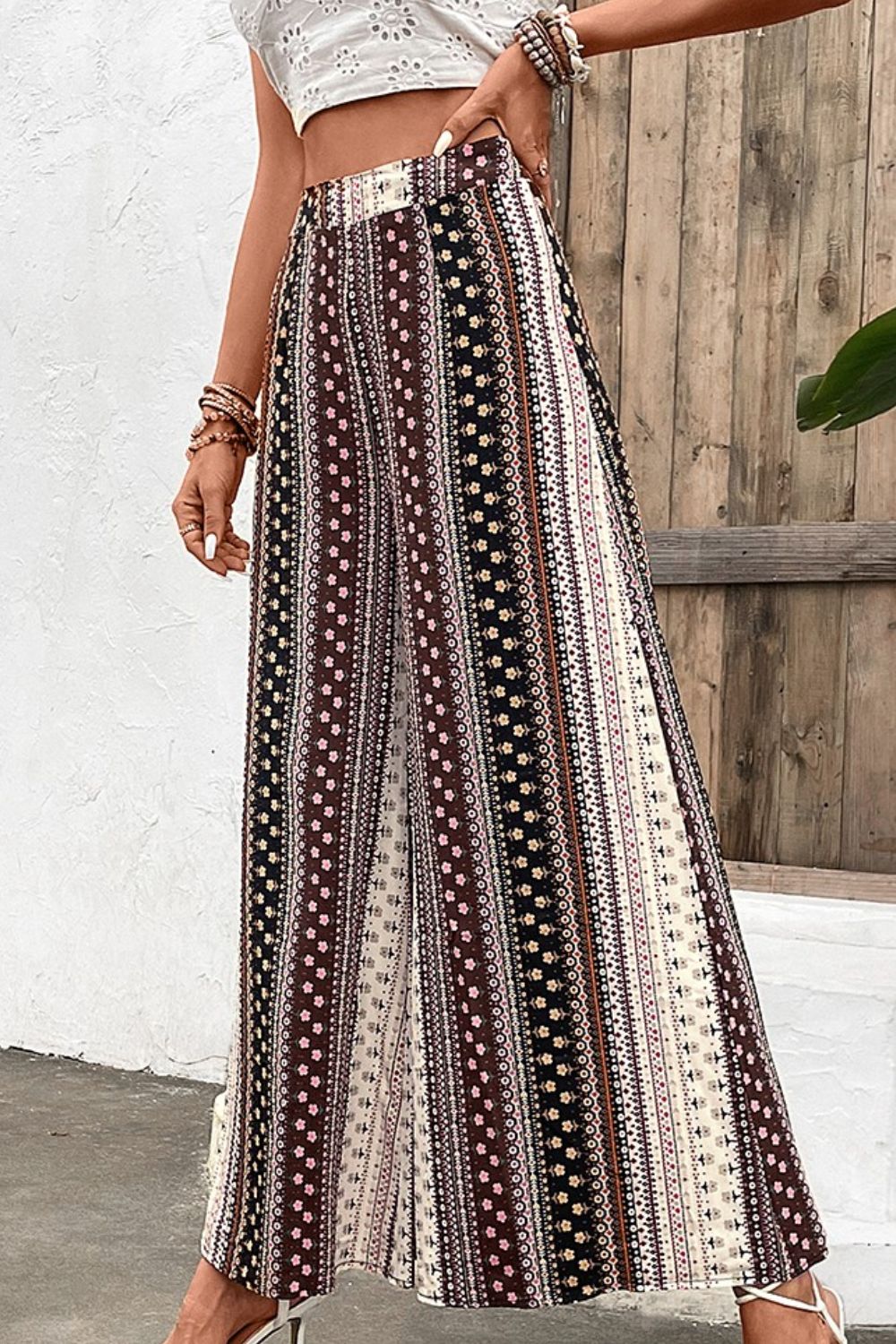 Shiny Floral High Waist Wide Leg Pants e172e3d95a3b49b0b0eda2f707eec5be-Max Trendsi