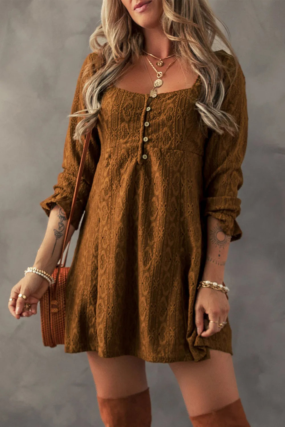 Textured Square Neck Mini Dress e19d60a5-0ce6-4208-87aa-b5f2aa2241f9-Max Glownestbest