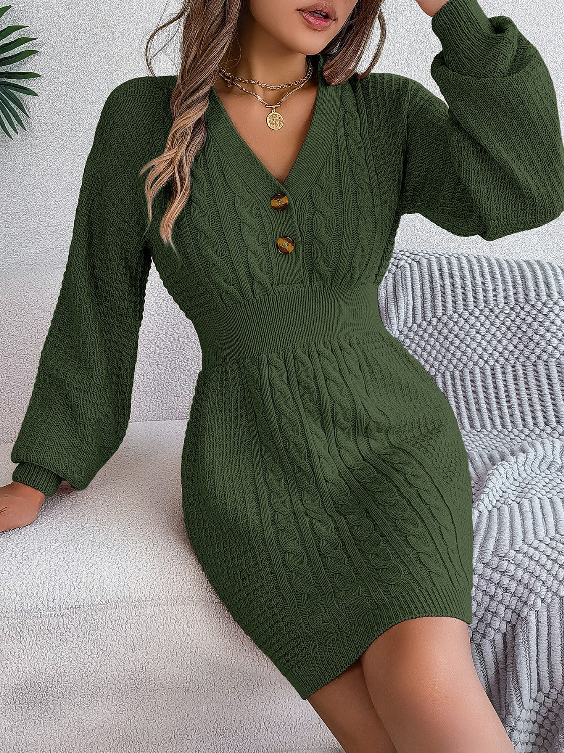 Buttoned Cable-Knit V-Neck Sweater Dress e21f0a7e5c9648fe99c1e04a0e31eba5-Max Glownestbest
