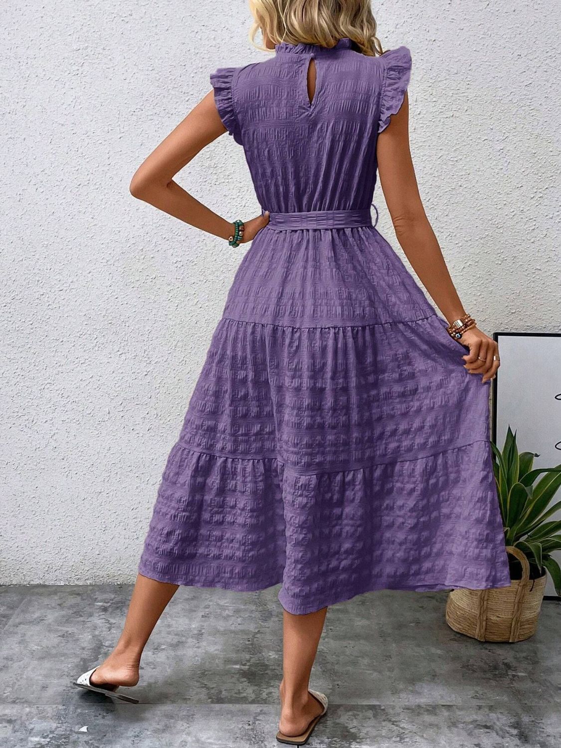 Tied Ruffled Cap Sleeve Midi Dress e3050722-716e-4f78-893f-1a40999731af-Max Trendsi
