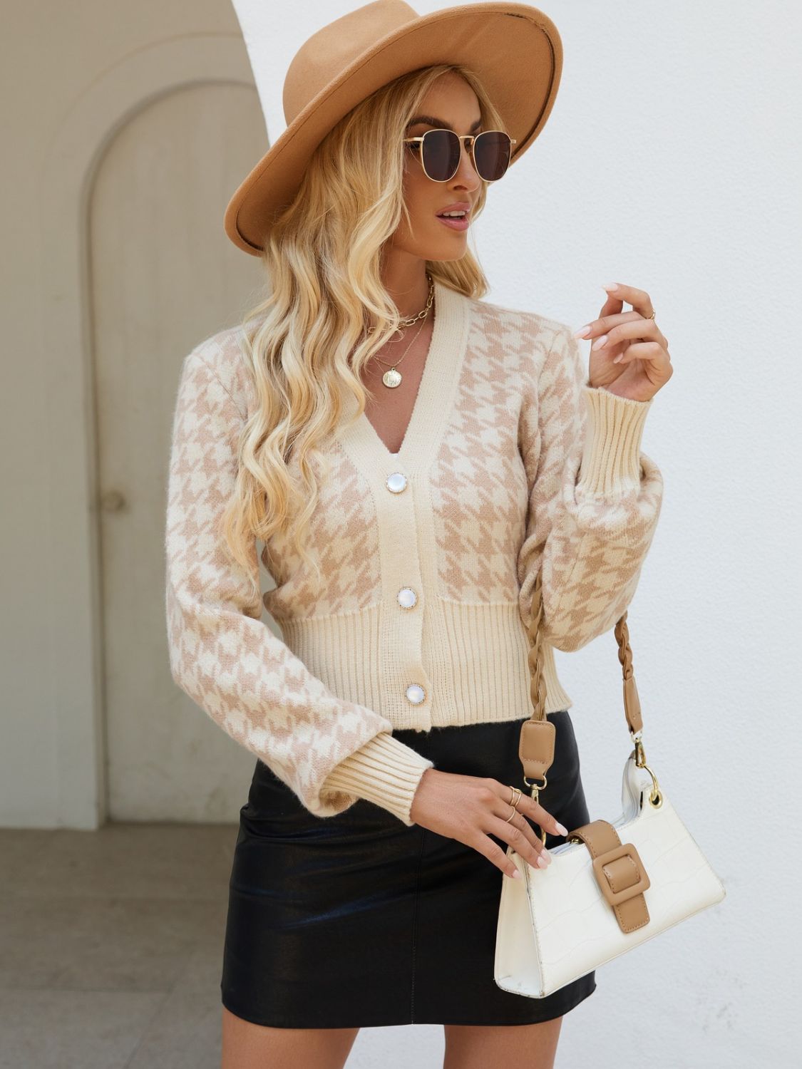 Houndstooth Button Up Long Sleeve Cardigan e319ae85-00cc-4aef-b04a-b6a0f714d386-Max Glownestbest